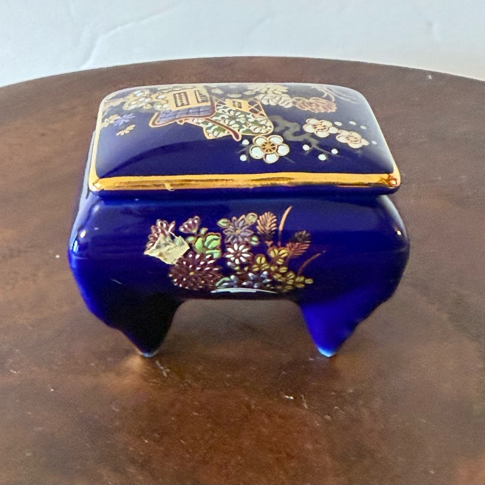 Cobalt Blue Decorative Trinket Box with Ornate Motif Made in Japan - Vintage